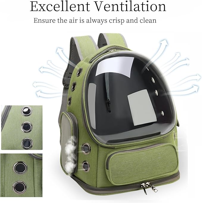 Cat Bubble Backpack,Breathable Cat Backpack Carrier Large Space Pet Travel Carrier for Kitty Small Dogs up to 15lbs,Transparent Cat Carrier for Hiking Camping Outdoor Travel (Green)