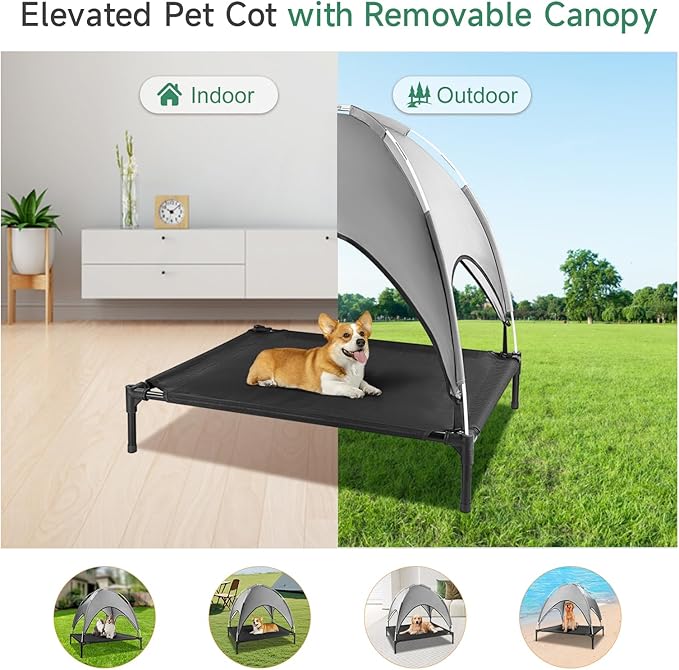 Elevated Outdoor Dog Bed with Canopy, Raised Dog Cot with Shade, Waterproof Dog Tent for Medium Small Dogs Portable Cooling Pet Bed with Breathable Mesh for Camping Beach, L