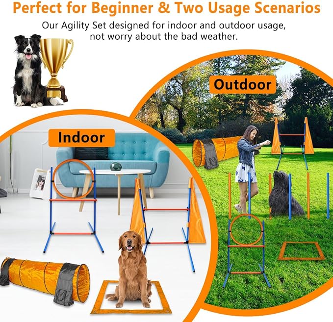 Dog Agility Training Equipment Set Outdoor Indoor Game, Tire Jump + Hurdle Jump, Tunnel, Weave Poles, Pause, 2 Toy Balls, 2 Discs, 1 Whistle, 1 Bag, 2 Training Clicker Backyard Dog Obstacle Course Kit
