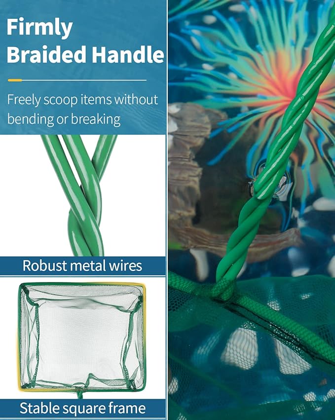 Pawfly Aquarium Fish Net with Braided Metal Handle Square Net with Soft Fine Mesh Sludge Food Residue Wastes Skimming Cleaning Net for Fish Tanks Small Koi Ponds and Pools