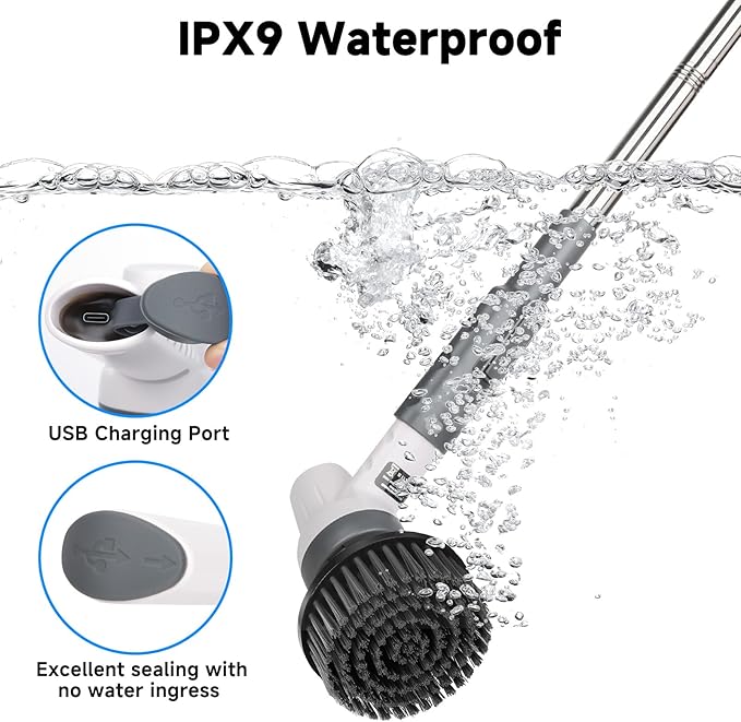 AQQA 8-in-1 Electric Aquarium Cleaning Kit Cordless Rechargeable Glass Scrubber IPX9 Waterproof Handheld Fish Tank Cleaner Powerful Algae Scraper & Cleaning Brush Set (Grey)