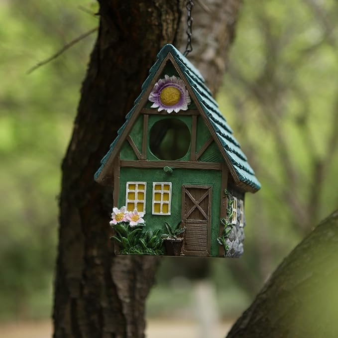 Green Resin Bird House with Slanted Roof, 1.5" Entry Hole Weatherproof Outdoor Decor for Cardinals Finches, Rustic Bird Sanctuary for Backyard Patio Garden
