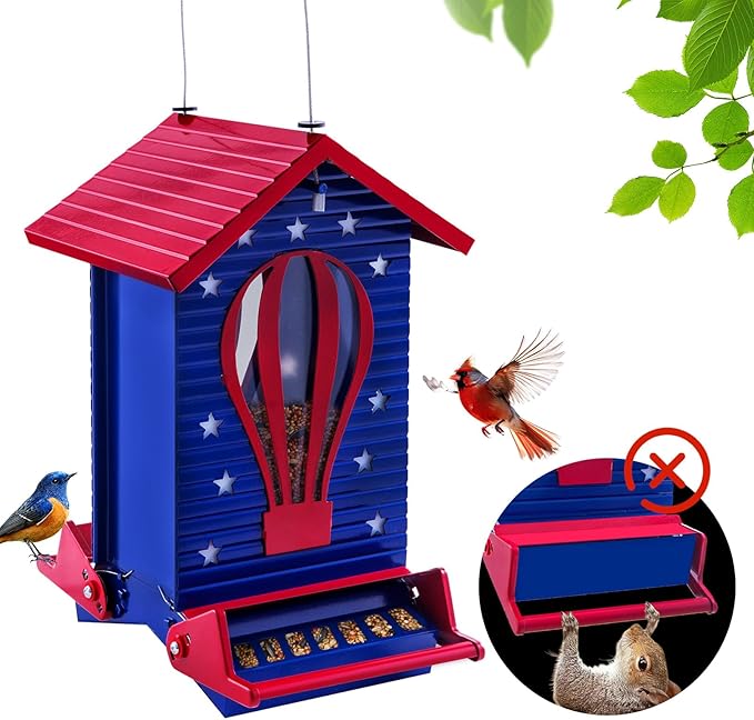 Squirrel Proof Bird Feeder, Metal Bird Seed House Feeders for Outdoors Weight -Activated Protection, Water Proof, 5 lbs Large Capacity Anit Squirrel for Outside Cardinal, Chickadee
