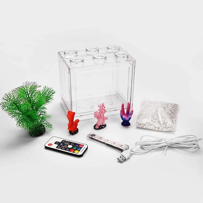 Small Betta Fish Tank, Aquarium Tank Kit with LED Lighting, 0.6 Gallon Stackable Fighting Fish Tank Set, Fish Bowl Accessories for Turtle Reptile Shrimp Crab Insects as Decoration