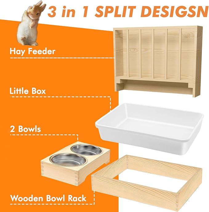 Rabbit Litter Box Bunny Litter Box Hay Feeder Rabbit, 3 in 1 Wooden Hay Feeder with 2 Bowls & Toilet for Guinea Pig, Bunny, Hamster, Chinchillas Other Small Animals, Large Capacity & Preventing Waste