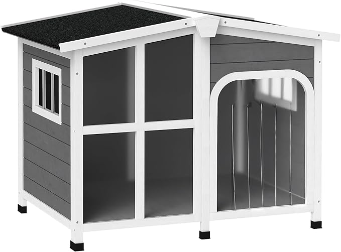 PawHut Cabin-Style Wooden Dog House for Large Dogs Outside with Openable Roof & Giant Window, Big Dog House Outdoor & Indoor, Asphalt Roof, Gray