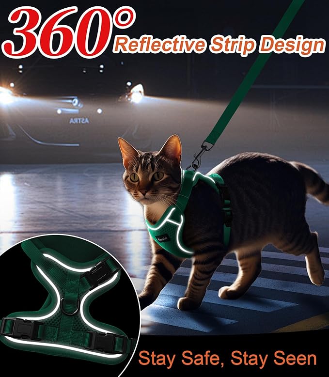 Cat Harness and Leash for Walking Escape Proof Soft Adjustable Cat Leash Breathable Comfortable Vest Easy to Wear Kitten Harness for Outdoor Travel Emerald XS