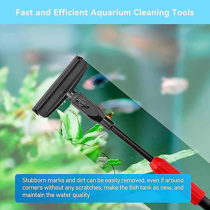 Aquarium Cleaning Tool - 6 in 1 Fish Tank Cleaning Tools - Fish Tank Brush Cleaner Set,with Adjustable Long Handle,Algae Scraper Scrubber Pad Scrub Brush Fish Net Gravel Rake