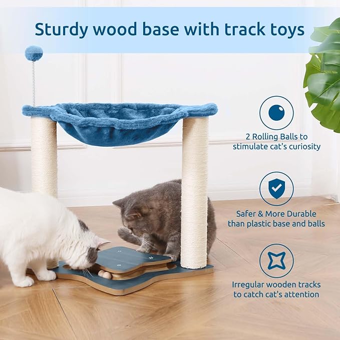 Simple Deluxe Small Cat Tree Tower with Scratching Post, 4-in -1Cat Tree with Hammock,Dangling Ball,Natural Sisal Cat Scratcher,Wooden Interactive Track Ball Base for Indoor Kittens,18inches