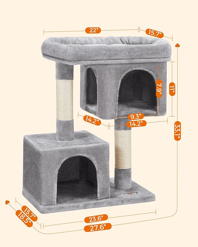 Feandrea Cat Tree, 33.1-Inch Cat Tower, L, Cat Condo for Large Cats up to 16 lb, Large Cat Perch, 2 Cat Caves, Scratching Post, Light Gray UPCT61W