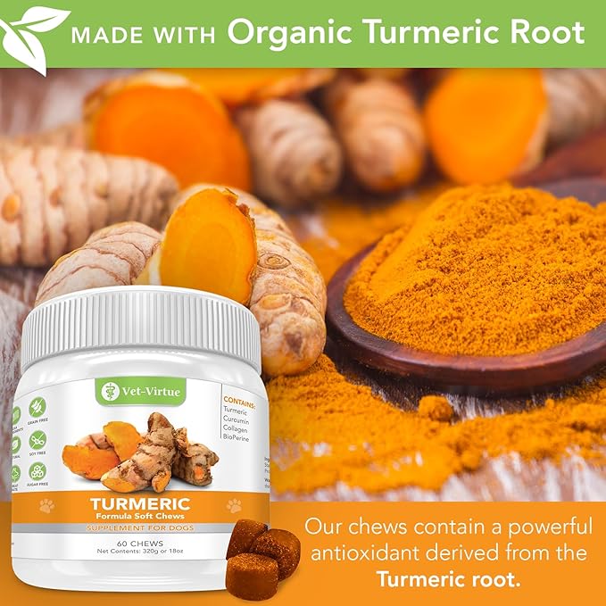 Turmeric for Dogs - Organic Turmeric with Curcumin, Hip and Joint Supplement Dogs Soft Chew, with Collagen and Bioprene, High Absorption Eliminates Joint Pain Inflammation - 60 Count