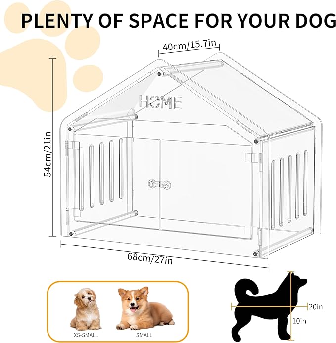 Acrylic Dog House Indoor.Clear Dog Crate for Small Dogs, Modern Indoor Dog Kennel for Most Small Dog Cat Pet (Clear, 15.7 * 21.5 * 27 inch)