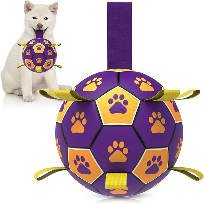QDAN Dog Ropes Toys, Soccer Ball with Straps, Dogs Water Toy, Durable Dog Balls for Small Medium Breed(6 Inch)