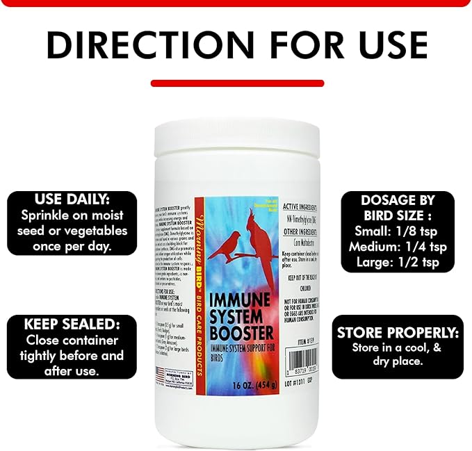 Morning Bird Immune System Booster 16 Oz - Energy Supplement for Birds – Natural Amino Acid Powder – Boosts Stamina, Cellular Health & Oxygen Use – Vitamin Powder for All Bird Species