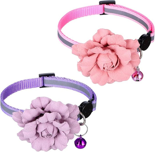 2 Pack Cute Cat Collar, Girls Cat Collars, Flexible Adjustable Floral Cats Bowtie Collar, Removable Kitten Collars with Bells for Boys Girls Cats Puppies Small Pets,Purple Pink