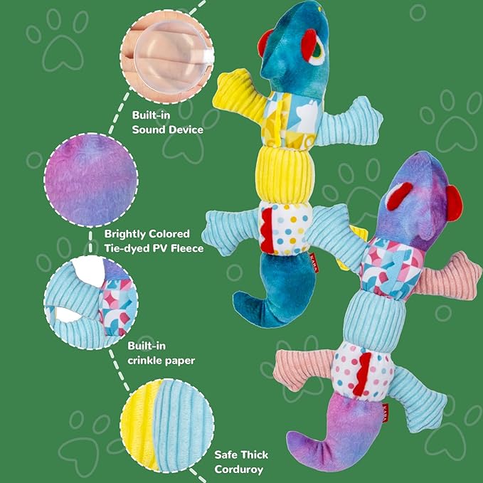 Crinkle Dog Toys Squeaky Plush No Stuffing Cute Puppy Stuffless Tough Rop Pull Toy, Fun Dog Stuffed Animals Durable Chew Set for Small Medium Large Pup (Large, Blue+Purple Chameleon)