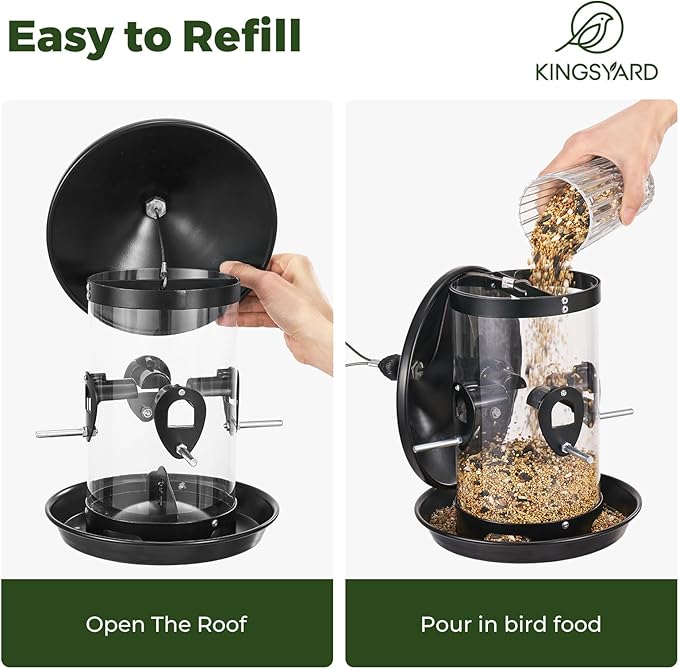 Kingsyard Metal Bird Feeder for Outdoors Hanging with 8 Ports, 3 lbs Large Tube Bird Feeder with Seed Tray for Cardinal Finch, Easy to Fill and Clean, Black