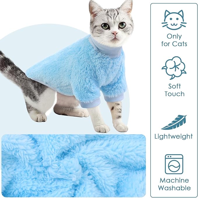 SUNFURA Sphynx Cat Sweater, Hairless Cats Turtleneck Pullover Kitten Sweaters for Cats Only, Warm and Soft Cat Pajamas Shirt with Sleeves Pet Winter Clothes Fleece Jumpsuit for Puppy, Blue L
