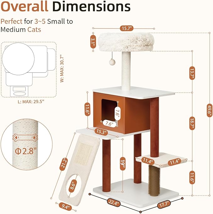50in Modern Cat Tree with Sturdy Wood Frame - Multi-Level Indoor Activity Center with Sisal Scratching Posts, Plush Top Perch, Enclosed Condo & Hanging Toy