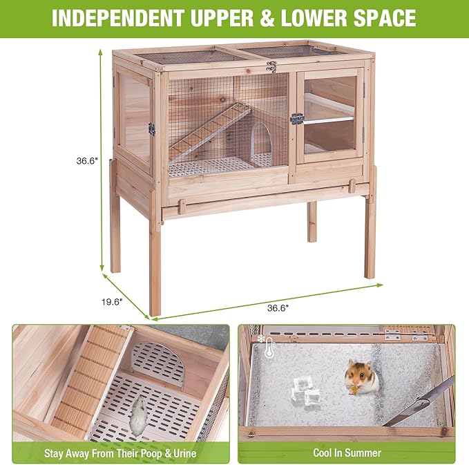 Wooden Guinea Pig Cages Indoor,Two-Story Wooden Rabbit Cage Hutch with Removable Stand and Pull Out Tray, Small Animals Cage Habitat with Ramp and Plastic Mesh(Natural Wood Color)
