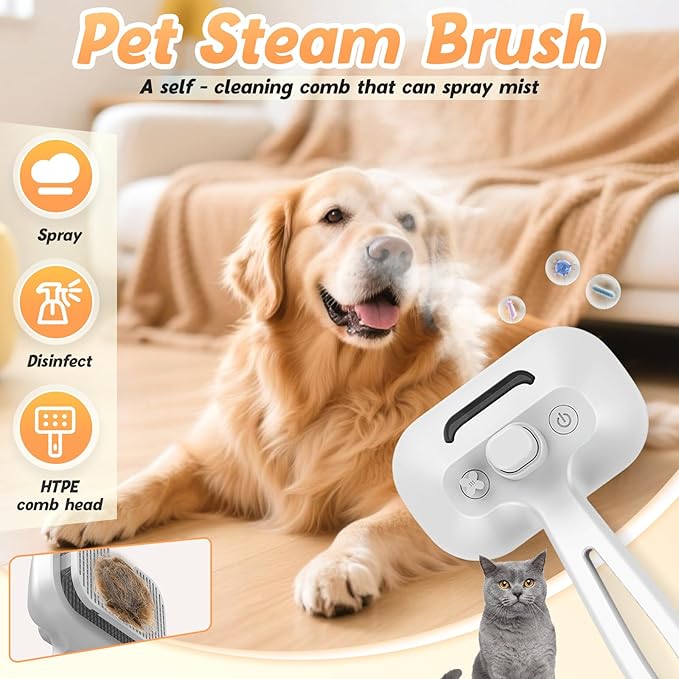 Pet Steam Brush Set for Dogs, 2025 New Self-Cleaning Pet Brush, Multi-Function Pets Hair Removal Brushes for Home Use, Portable Dog Cat Grooming Brushes for Pets Owners (White)