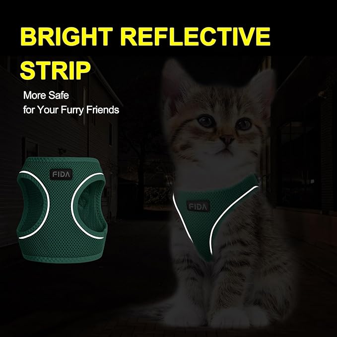 Fida Cat Harness and Leash Set for Walking Kitten and Puppy, Escape Proof Kitten Harness with Breathable Lightweight Soft Mesh, Adjustable Reflective Step-in Design. (XS, Green)