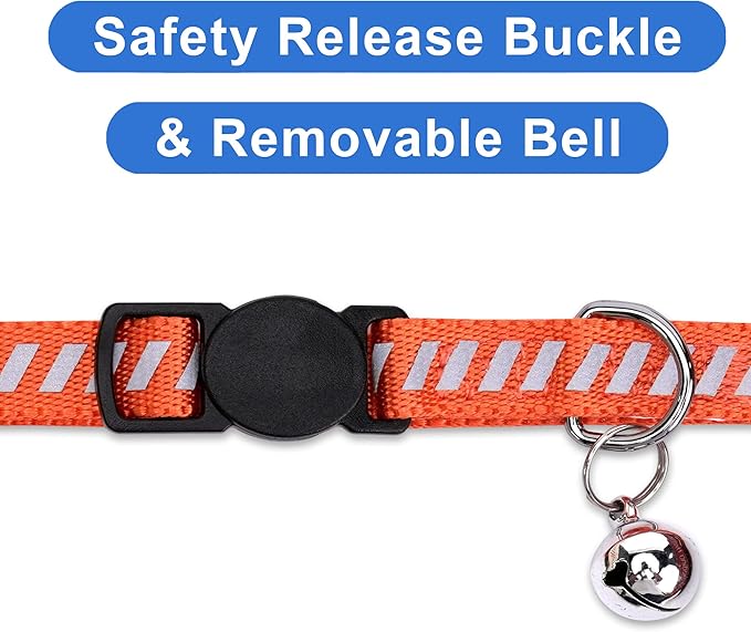 Pawtitas Personalized Cat Collar with Safety Buckle and Removable Bell Cat Collar with Name Phone Number Kitten Adjustable Collar Customized Cat Collar | Orange Reflective Collar for Cats