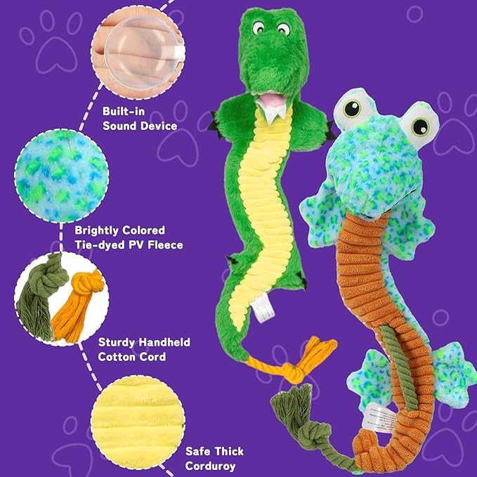 Crinkle Dog Toys Squeaky Plush No Stuffing Cute Puppy Stuffless Tough Rop Pull Toy, Fun Dog Stuffed Animals Durable Chew Set for Small Medium Large Pup (Large, Lizard+Alligators)