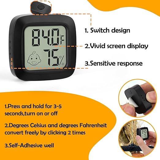 2 PCS Reptile Thermometer and Humidity Gauge for Bearded Dragon with On-Off, Reptile Tank Accessories for Jumping Spider, Leopard Gecko, Hermit Crab, Gecko, Ball Python, Lizard