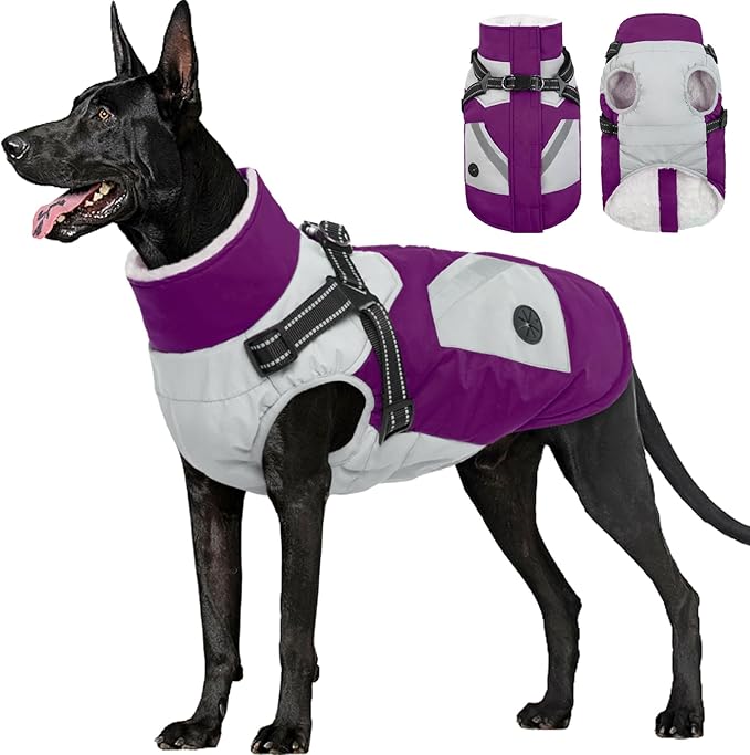 FUAMEY Dog Winter Jackets for Large Dogs,Dog Coat with Harness Built in,Waterproof Dogs Snowsuits Warm Pet Jacket Zip Up Fleece Cold Weather Coats Reflective Puppy Vest with Pocket Purple 2XL