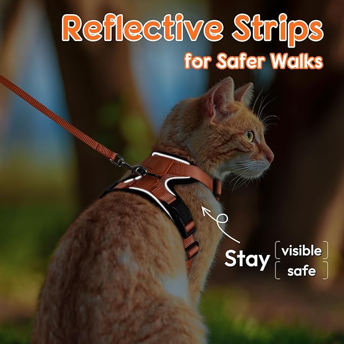 Dooradar Cat Harness and Leash Set, Escape Proof Safe Adjustable Kitten Vest Harnesses for Walking, Easy Control Soft Breathable Mesh Jacket with Reflective Strips for Cats, Orange, S