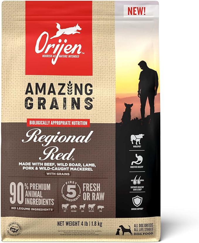 ORIJEN Amazing Grains High Protein Dry Dog Food Regional Red Recipe 4lb Bag