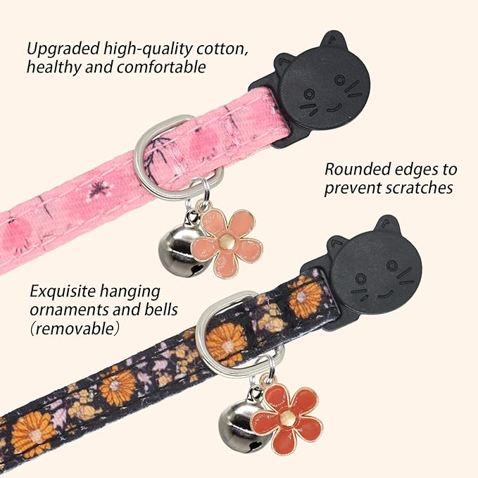 Cat Collar Breakaway, 2 Pack Cotton Cats Collars with Bells, Cute Flowers Shaped for Girl Boy Kittens, Pink and Orange
