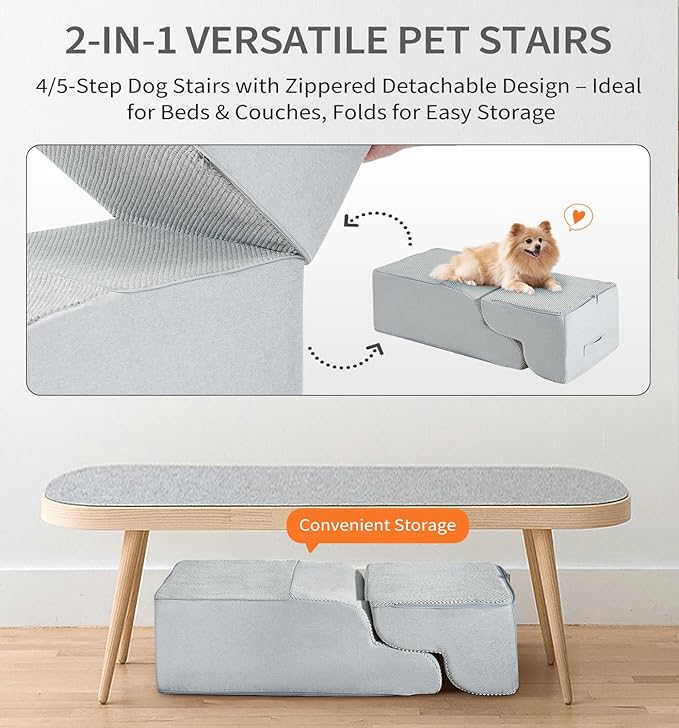 Made4Pets Dog Stairs Ramp for Bed, 4-Step Dog Steps for High Bed Couch Sofa Climbing, 35D Foam Pet Steps for Small Dogs and Cats, Non-Slip Bottom Pet Stairs, Light Grey