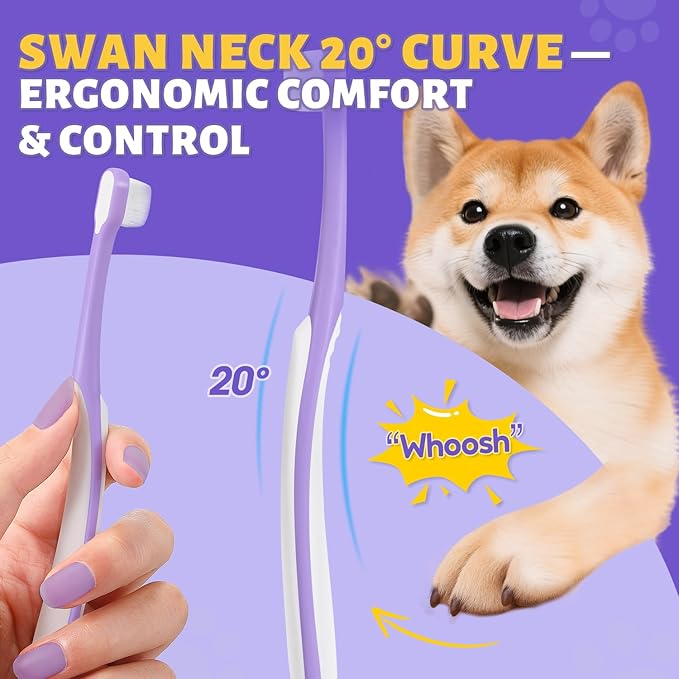 Tiny Dog Toothbrush for Small Dogs - 0.39" Mini Brush Head, Curved Handle, Soft Bristles, Dual Rubber Back, Gentle Puppy Tooth Brush Kit for Yorkie Chihuahua & Small Dog Teeth Cleaning