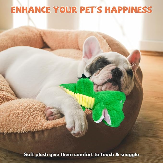 Crinkle Dog Toys Squeaky Plush No Stuffing Cute Puppy Stuffless Tough Rop Pull Toy, Fun Dog Stuffed Animals Durable Chew Set for Small Medium Large Pup (Large, Alligators)