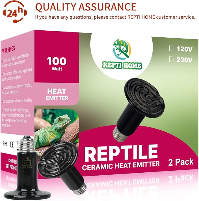 100W Ceramic Heat Emitter (2 Pack), Reptile Heat Lamp Bulbs, Ceramic Heater for Amphibian, Pet Brooder Coop, Chicken, Dog, Cat