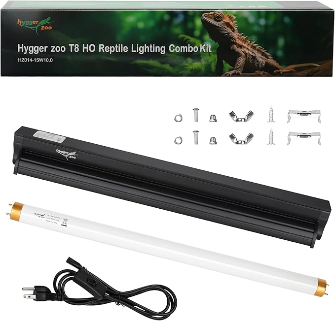 T8 UVB Reptile Light Fixture HO UVB Bulb Lighting Combo Kit, 10.0 UVB Light for Reptiles Terrarium Hood with 15W Reptile Light Bar UVA UVB Desert Lamp for Bearded Dragon Turtle Tank, 18Inch
