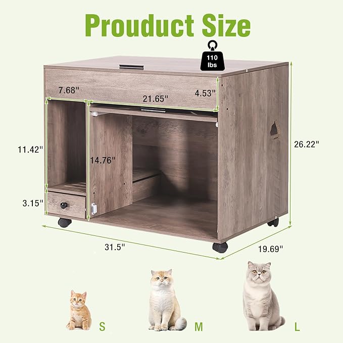 Cat Litter Box Enclosure Cabinet with Wheels, Wooden Hidden Litter Box Furniture with Large Storage, Flip Top Cat Cabinet Indoor with Drawer (Grey, Medium)