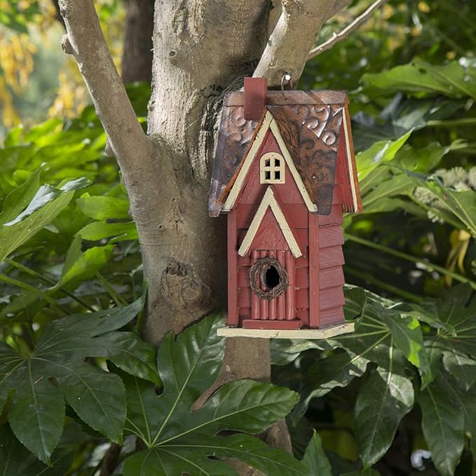 Glitzhome 12" H Distressed Red Cottage Solid Wood Birdhouse Hanging Bird House for Outdoors