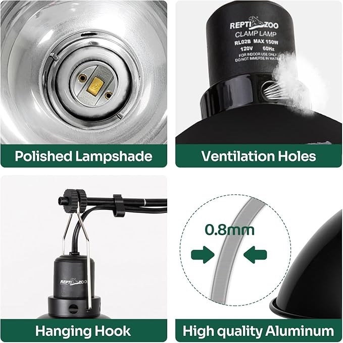 REPTI ZOO Reptile Light Fixture Dimming Thermostat Combo Pack, 8.5 Inch Deep Dome Lamp Fixture Max 150W, PID Reptile Thermostat Temperature Controller for Reptile Heat Lamp Bulb