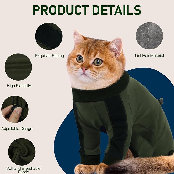 Cat Pajamas for Cats Only, Sticky Hair Cat Clothes, Long Sleeve Sphynx Clothes, Anti-Licking or Skin Disease Recovery Suit for Female Cats, Kitten Onesie Pajamas, ArmyGreen, L