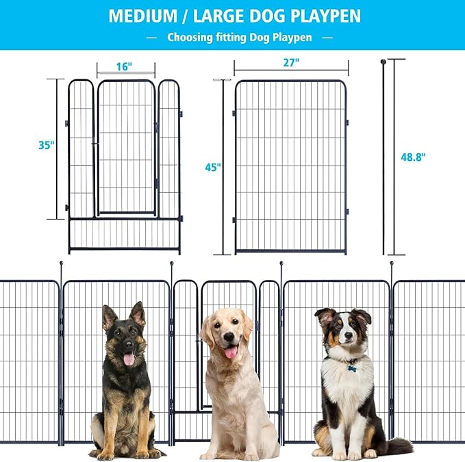 Dog Playpen,Portable Outdoor Dog Fence, Dog Playpen for Large/Medium/Small Dogs, Dog Fences for The Yard,with Doors Foldable Metal (16 Panels, 45 inch)
