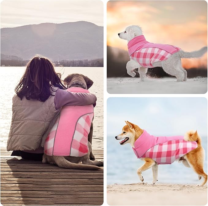 Kuoser Dog Winter Coat, Reversible Waterproof Dog Jacket with Reflective Strip, Warm Dogs Fleece Vest Adjustable Doggy Cold Weather Clothes Plaid Christmas Outfit Pet Apparel for Large Dogs, Pink XL