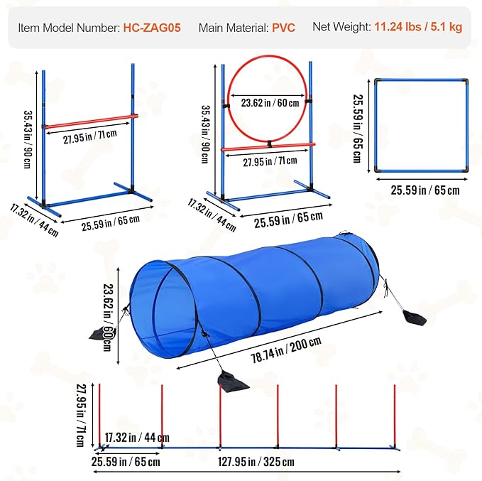 VEVOR Dog Agility Training Equipment, Dog Agility Course Backyard Set with Adjustable High Hurdles,6 Weave Poles,Tunnel,Jump Ring,Pause Box,Whistle,Foldable Bowl,Storage Bag, Puppy Obstacle Course Kit