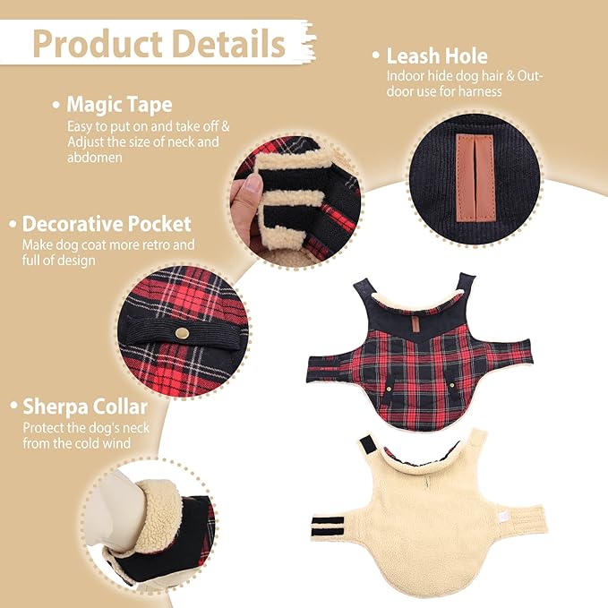 Winter Coat for Small and Medium Dogs, Puppy Plaid Jacket, Cotton Coat for Cold Weather, Windproof Warm Dog Garments, Pet Thickened Outfits Indoor Outdoor, Red L