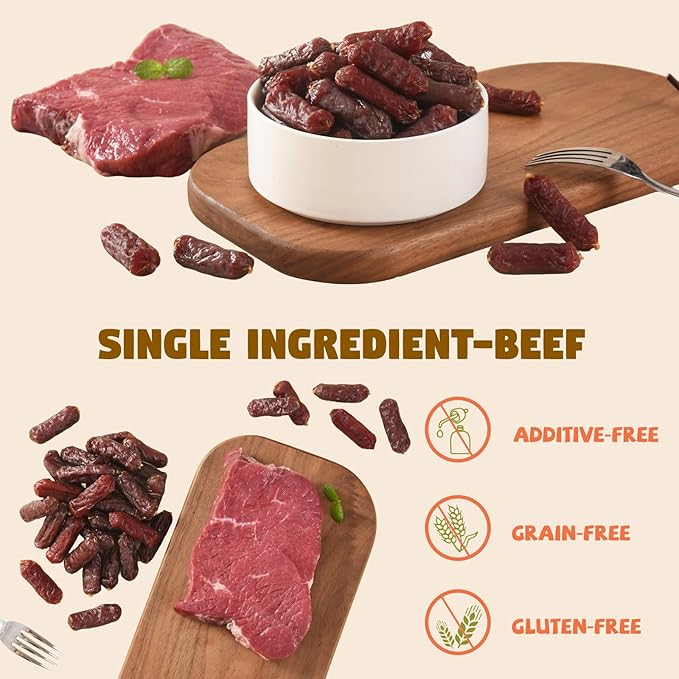 Soft Beef Sausage Dog Treats, Slow Roasted Beef Jerky for Dogs High Protein Low Fat, Grain-Free Gluten-Free Training Rewards Treats for Small Medium Large Dogs,10.58 oz