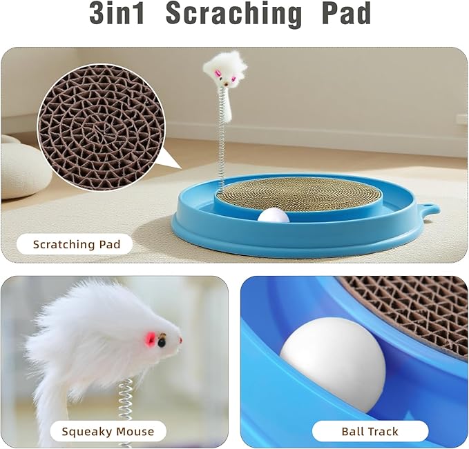Cat Round Scratcher, 3 in 1 Interactive Kitten Toys, Scratching Pad with Ball Track and Squeaky Mouse, for Bored Indoor Adult Cats Kitty Scratching Puzzle-Blue