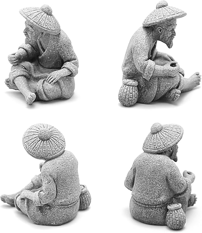 2PCS Sitting Fishing Figurines Sandstone Vintage Ornament Japanese Decor for Fish Tank Pot Garden Home Aquarium Mini Fisherman Statue Asian Zen Decoration