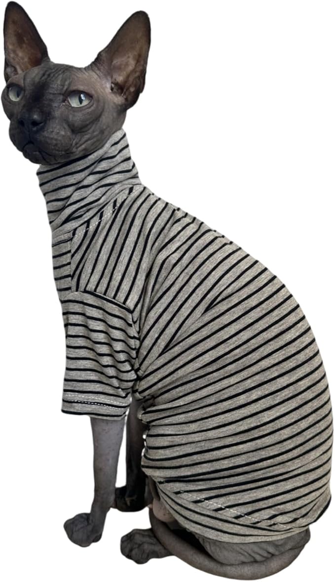 Vintage Stripes Sphynx Hairless Cats Shirt Cotton Cat Turtleneck Pet Clothes Kitten T-Shirts with Sleeves for Sphynx Cornish Rex, Devon Rex, Peterbald (Grey Stripe, Medium (Pack of 1))